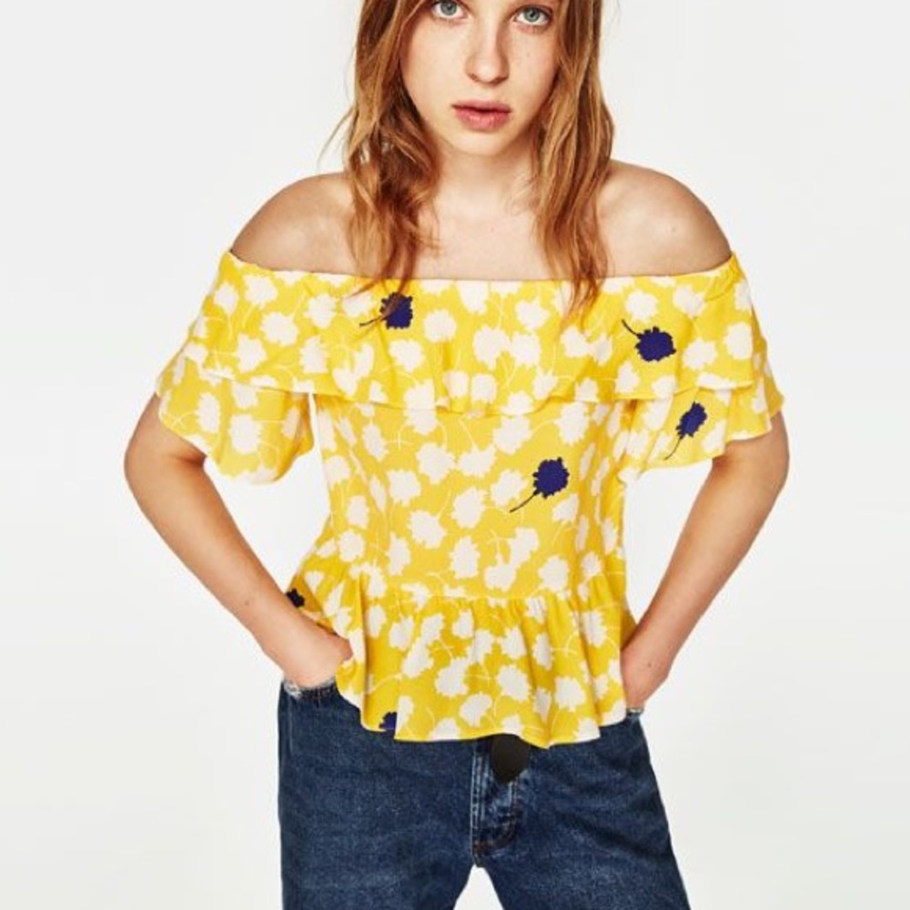 NWOT Zara yellow floral off the shoulder top - Picture 1 of 6